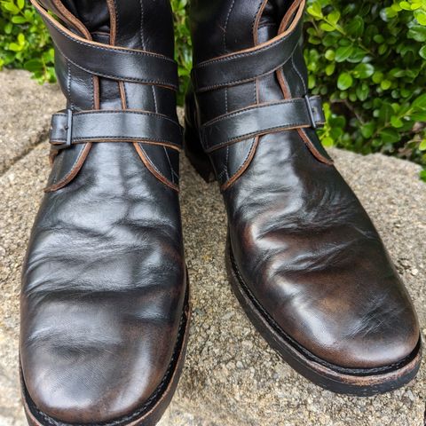 View photo of Benzein The Hanker Tanker Boots in Horween Horsehide Overdyed Black