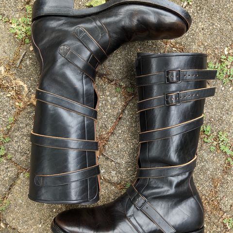 View photo of Benzein The Hanker Tanker Boots in Horween Horsehide Overdyed Black