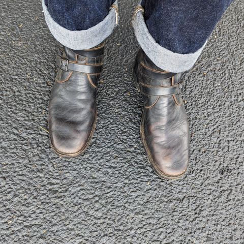 View photo of Benzein The Hanker Tanker Boots in Horween Horsehide Overdyed Black