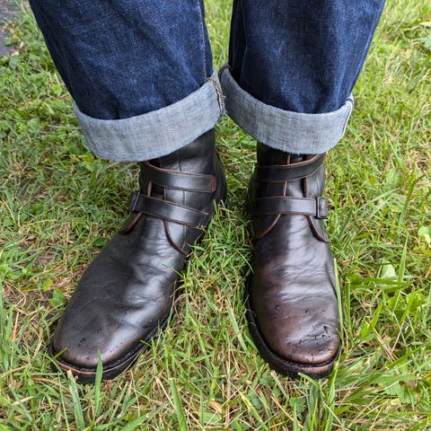 View photo of Benzein The Hanker Tanker Boots in Horween Horsehide Overdyed Black