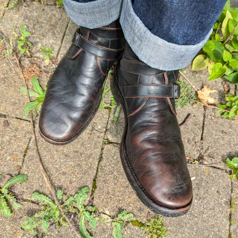 View photo of Benzein The Hanker Tanker Boots in Horween Horsehide Overdyed Black