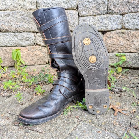 View photo of Benzein The Hanker Tanker Boots in Horween Horsehide Overdyed Black