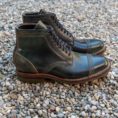 Flame Panda Brogue Cap Toe Service Boot in Horween Marbled Black Shell Cordovan
