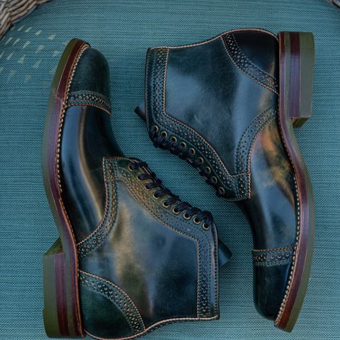 Flame Panda Brogue Cap Toe Service Boot in Horween Marbled Black Shell Cordovan