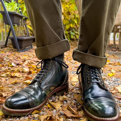 Flame Panda Brogue Cap Toe Service Boot in Horween Marbled Black Shell Cordovan