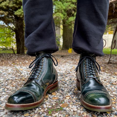 Flame Panda Brogue Cap Toe Service Boot in Horween Marbled Black Shell Cordovan