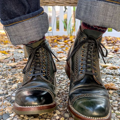Flame Panda Brogue Cap Toe Service Boot in Horween Marbled Black Shell Cordovan