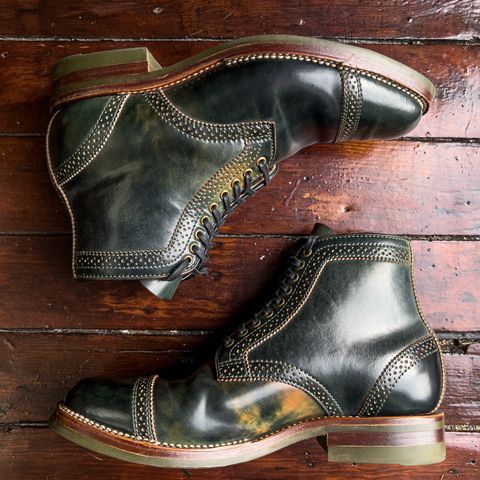 Flame Panda Brogue Cap Toe Service Boot in Horween Marbled Black Shell Cordovan