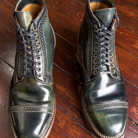 Flame Panda Brogue Cap Toe Service Boot in Horween Marbled Black Shell Cordovan
