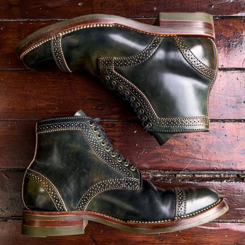 Flame Panda Brogue Cap Toe Service Boot in Horween Marbled Black Shell Cordovan