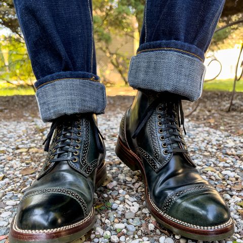 Flame Panda Brogue Cap Toe Service Boot in Horween Marbled Black Shell Cordovan
