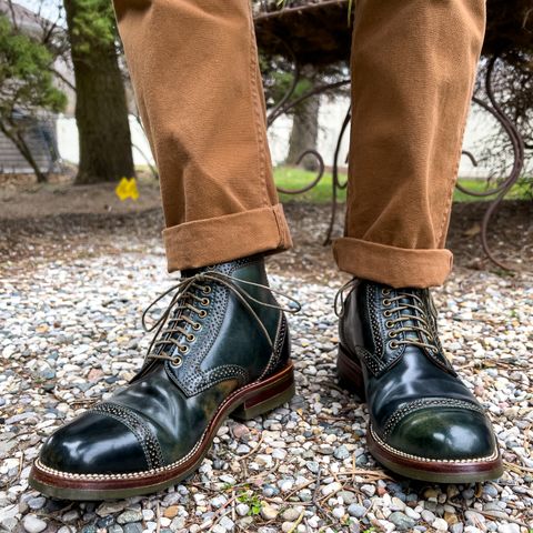 Flame Panda Brogue Cap Toe Service Boot in Horween Marbled Black Shell Cordovan