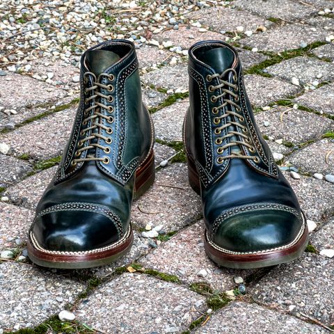 Flame Panda Brogue Cap Toe Service Boot in Horween Marbled Black Shell Cordovan