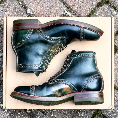Flame Panda Brogue Cap Toe Service Boot in Horween Marbled Black Shell Cordovan
