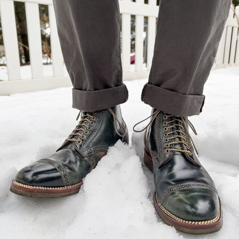 View photo of Flame Panda Brogue Cap Toe Service Boot in Horween Marbled Black Shell Cordovan