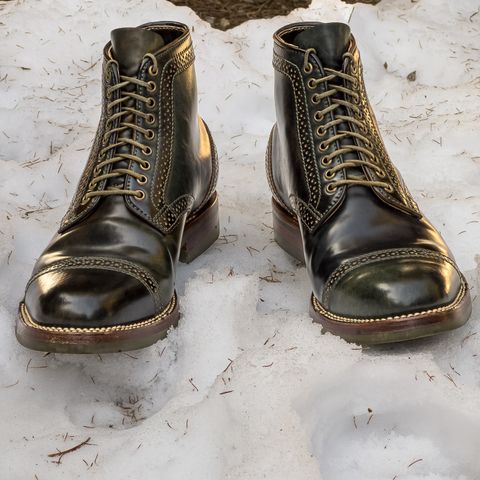 Flame Panda Brogue Cap Toe Service Boot in Horween Marbled Black Shell Cordovan
