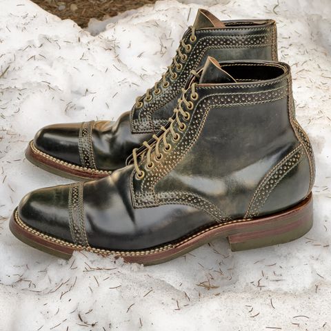 View photo of Flame Panda Brogue Cap Toe Service Boot in Horween Marbled Black Shell Cordovan