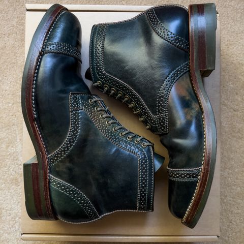 View photo of Flame Panda Brogue Cap Toe Service Boot in Horween Marbled Black Shell Cordovan