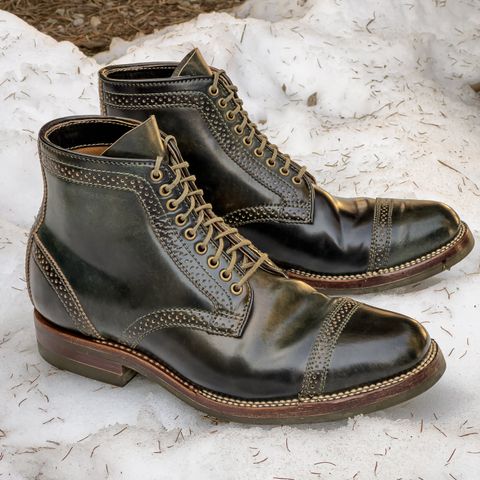 View photo of Flame Panda Brogue Cap Toe Service Boot in Horween Marbled Black Shell Cordovan