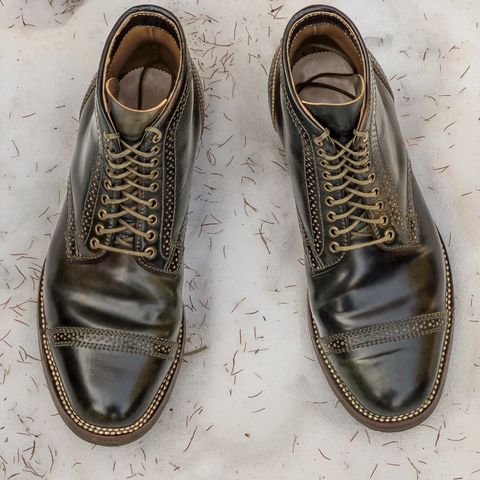 View photo of Flame Panda Brogue Cap Toe Service Boot in Horween Marbled Black Shell Cordovan