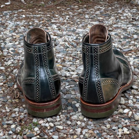 View photo of Flame Panda Brogue Cap Toe Service Boot in Horween Marbled Black Shell Cordovan