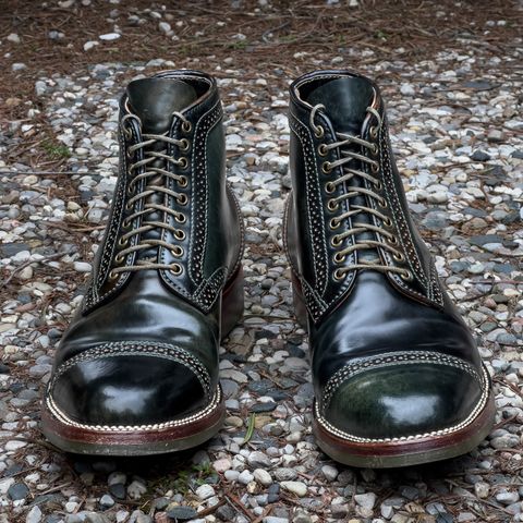 View photo of Flame Panda Brogue Cap Toe Service Boot in Horween Marbled Black Shell Cordovan