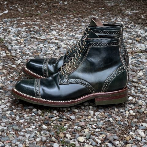 View photo of Flame Panda Brogue Cap Toe Service Boot in Horween Marbled Black Shell Cordovan