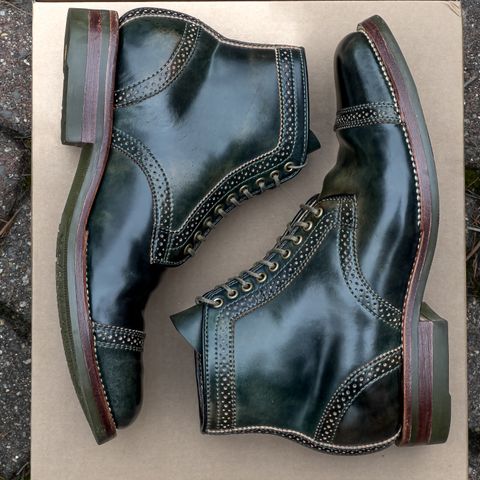 View photo of Flame Panda Brogue Cap Toe Service Boot in Horween Marbled Black Shell Cordovan