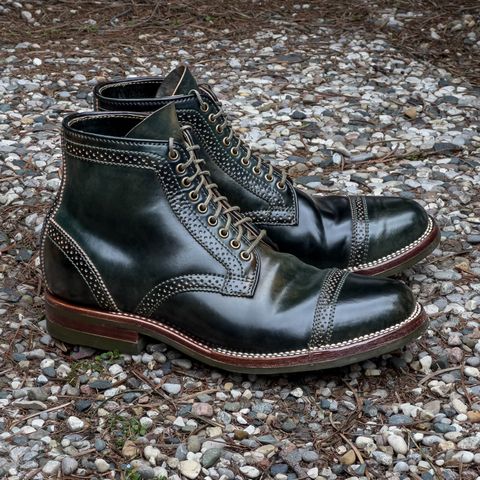 View photo of Flame Panda Brogue Cap Toe Service Boot in Horween Marbled Black Shell Cordovan