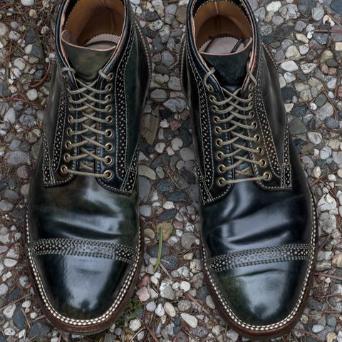 View photo of Flame Panda Brogue Cap Toe Service Boot in Horween Marbled Black Shell Cordovan