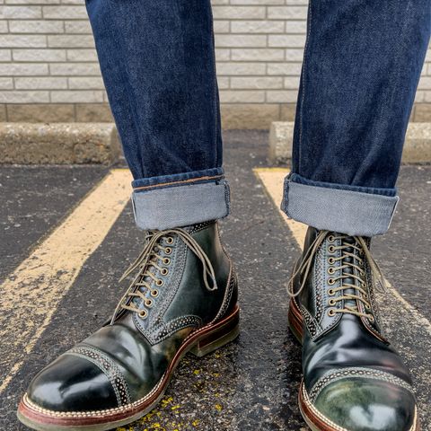 View photo of Flame Panda Brogue Cap Toe Service Boot in Horween Marbled Black Shell Cordovan