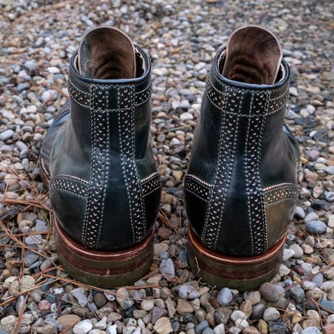 View photo of Flame Panda Brogue Cap Toe Service Boot in Horween Marbled Black Shell Cordovan