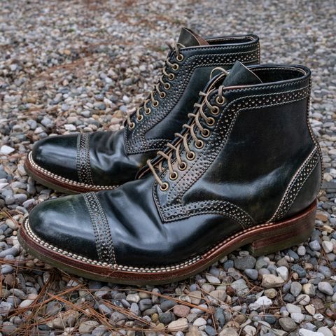 View photo of Flame Panda Brogue Cap Toe Service Boot in Horween Marbled Black Shell Cordovan