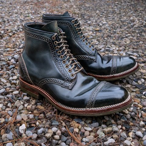 View photo of Flame Panda Brogue Cap Toe Service Boot in Horween Marbled Black Shell Cordovan