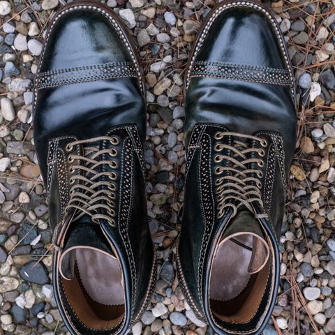 View photo of Flame Panda Brogue Cap Toe Service Boot in Horween Marbled Black Shell Cordovan