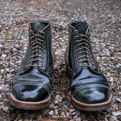 View photo of Flame Panda Brogue Cap Toe Service Boot in Horween Marbled Black Shell Cordovan