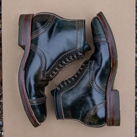 View photo of Flame Panda Brogue Cap Toe Service Boot in Horween Marbled Black Shell Cordovan