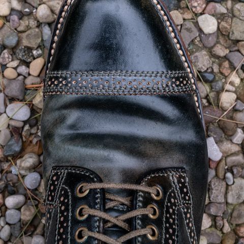 View photo of Flame Panda Brogue Cap Toe Service Boot in Horween Marbled Black Shell Cordovan