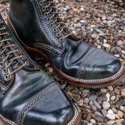 View photo of Flame Panda Brogue Cap Toe Service Boot in Horween Marbled Black Shell Cordovan