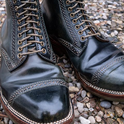 View photo of Flame Panda Brogue Cap Toe Service Boot in Horween Marbled Black Shell Cordovan