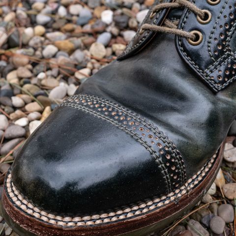 View photo of Flame Panda Brogue Cap Toe Service Boot in Horween Marbled Black Shell Cordovan