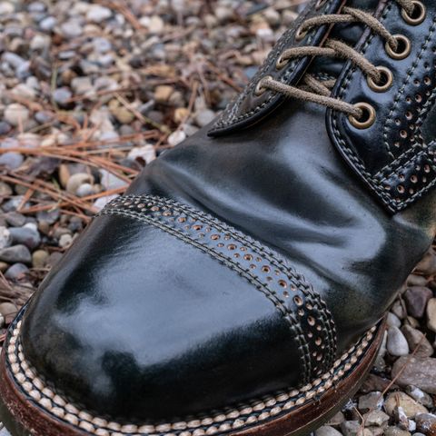 View photo of Flame Panda Brogue Cap Toe Service Boot in Horween Marbled Black Shell Cordovan