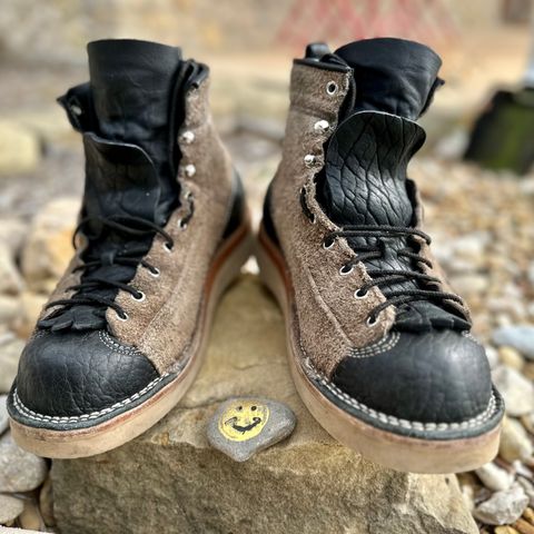 View photo of Frank's Boots Monkey Boot in Grey And Black Montana Bison