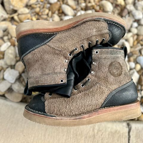 View photo of Frank's Boots Monkey Boot in Grey And Black Montana Bison