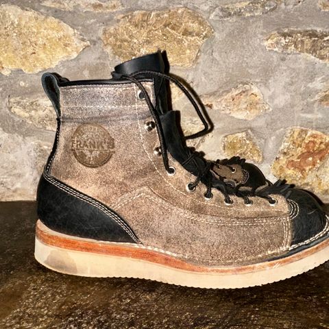 View photo of Frank's Boots Monkey Boot in Grey And Black Montana Bison