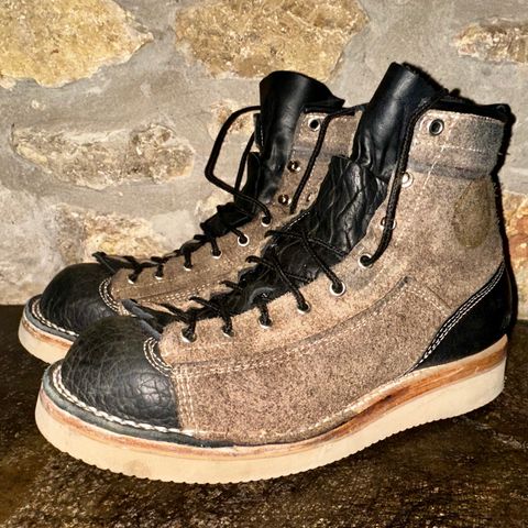 View photo of Frank's Boots Monkey Boot in Grey And Black Montana Bison