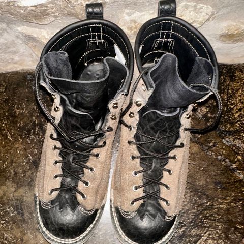 View photo of Frank's Boots Monkey Boot in Grey And Black Montana Bison