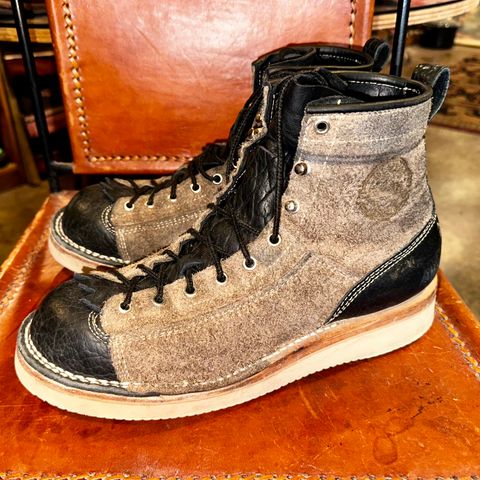 View photo of Frank's Boots Monkey Boot in Grey And Black Montana Bison