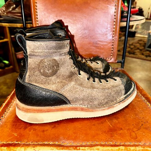 View photo of Frank's Boots Monkey Boot in Grey And Black Montana Bison