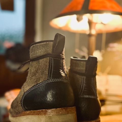 View photo of Frank's Boots Monkey Boot in Grey And Black Montana Bison